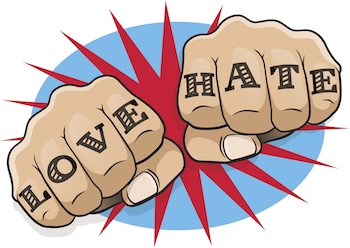 Vintage Pop Art Love and Hate Punching Fists. Vintage Pop Art Love and Hate Punching Fists. Great illustration of pop Art comic book style punching directly at you with the classic hooligan tattoo message. Tattoo stock vector